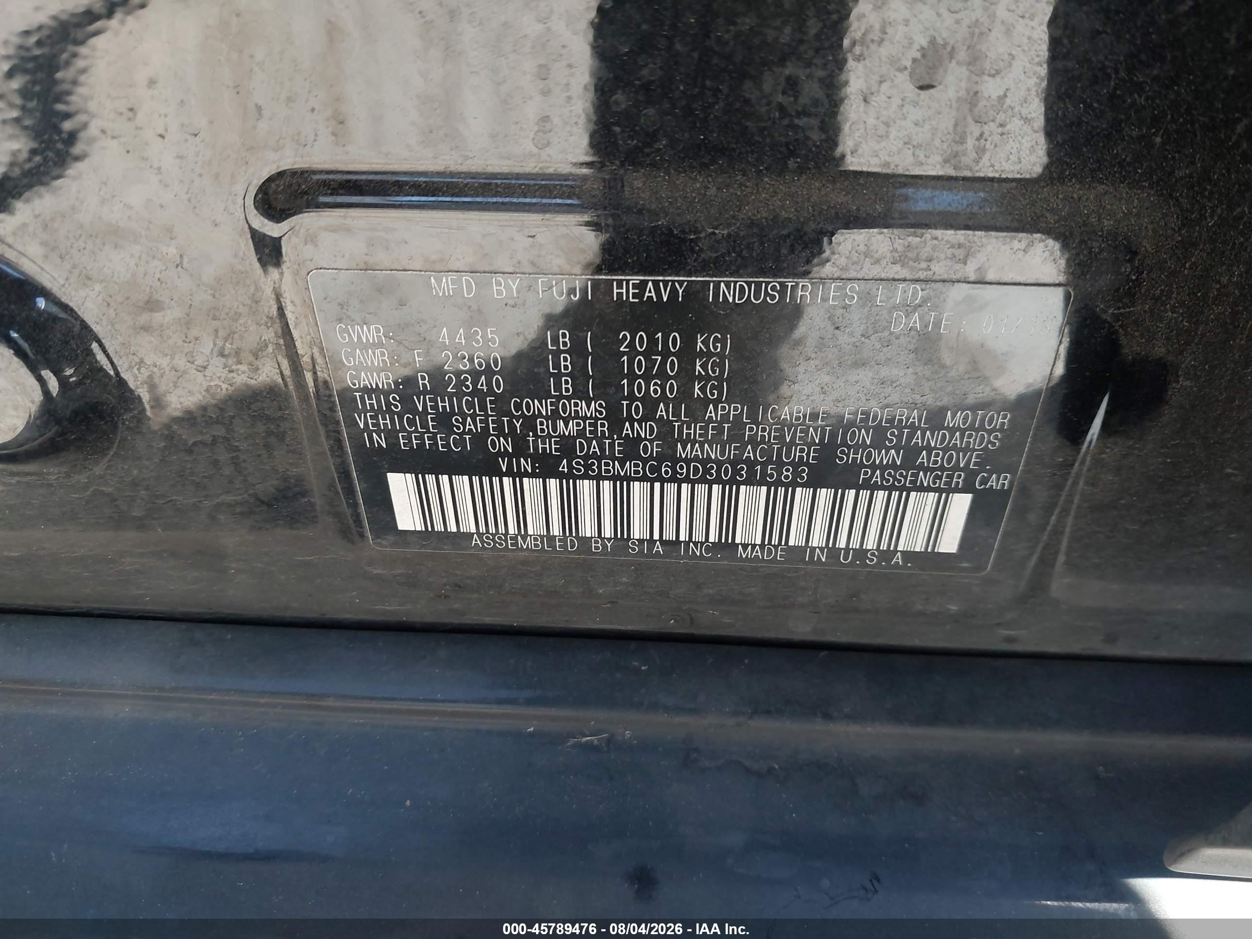 2013 Subaru Legacy 2.5i Premium Black vin: 4S3BMBC69D3031583