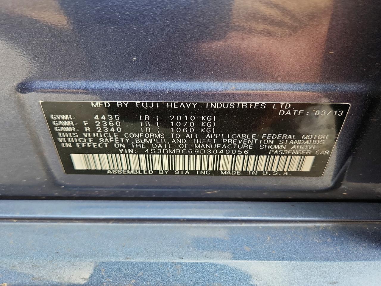 2013 Subaru Legacy 2.5i Premium Blue vin: 4S3BMBC69D3040056
