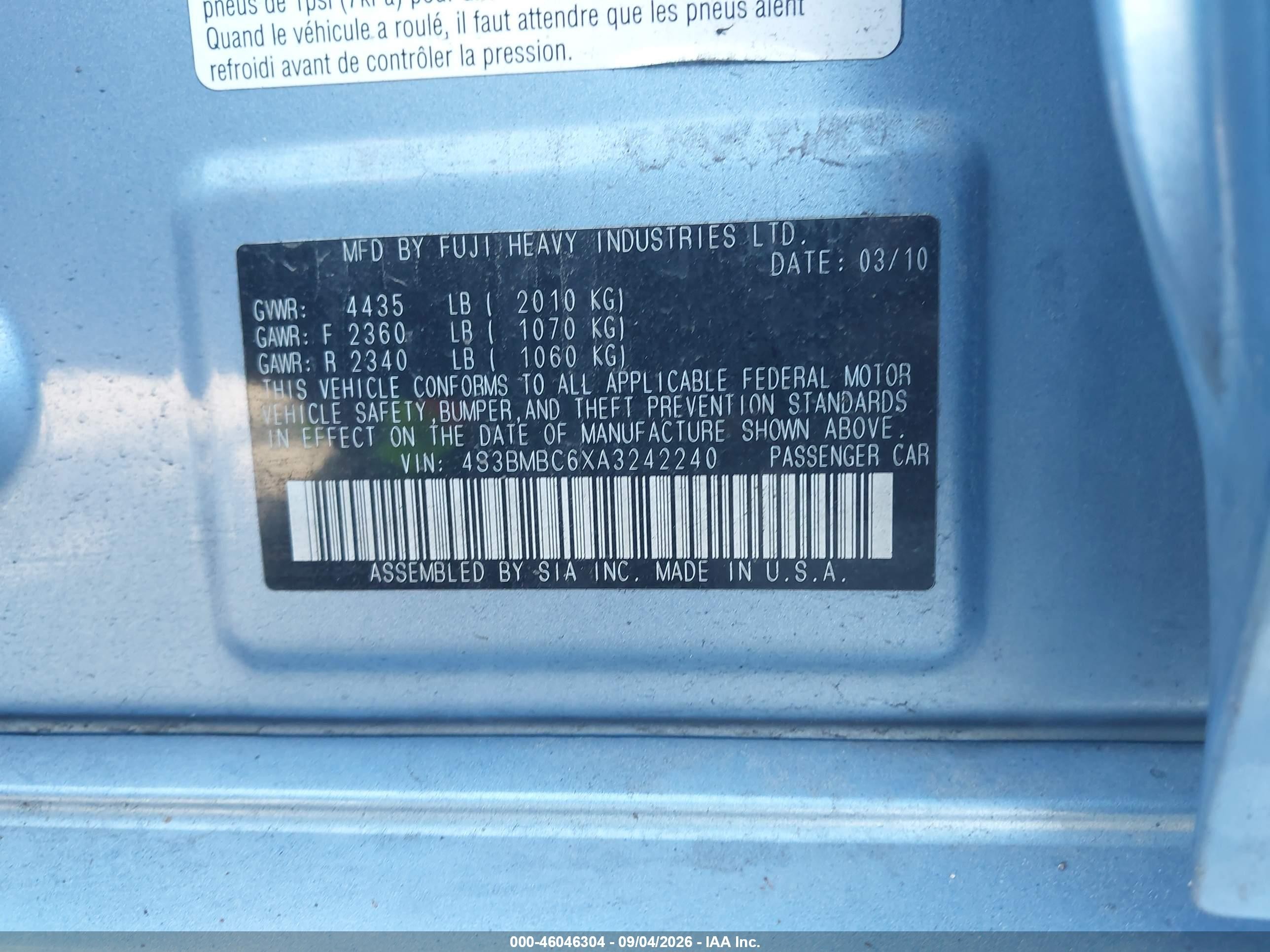 2010 Subaru Legacy 2.5i Premium Blue vin: 4S3BMBC6XA3242240
