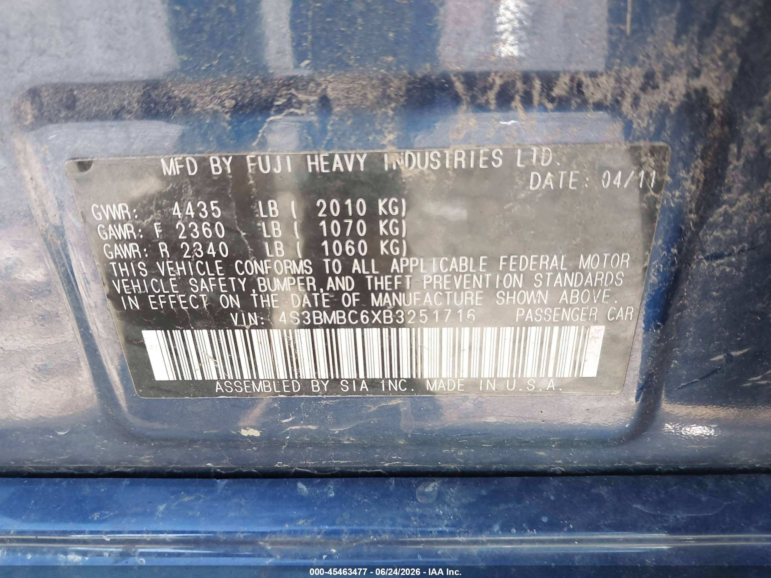 2011 Subaru Legacy 2.5i Premium Blue vin: 4S3BMBC6XB3251716