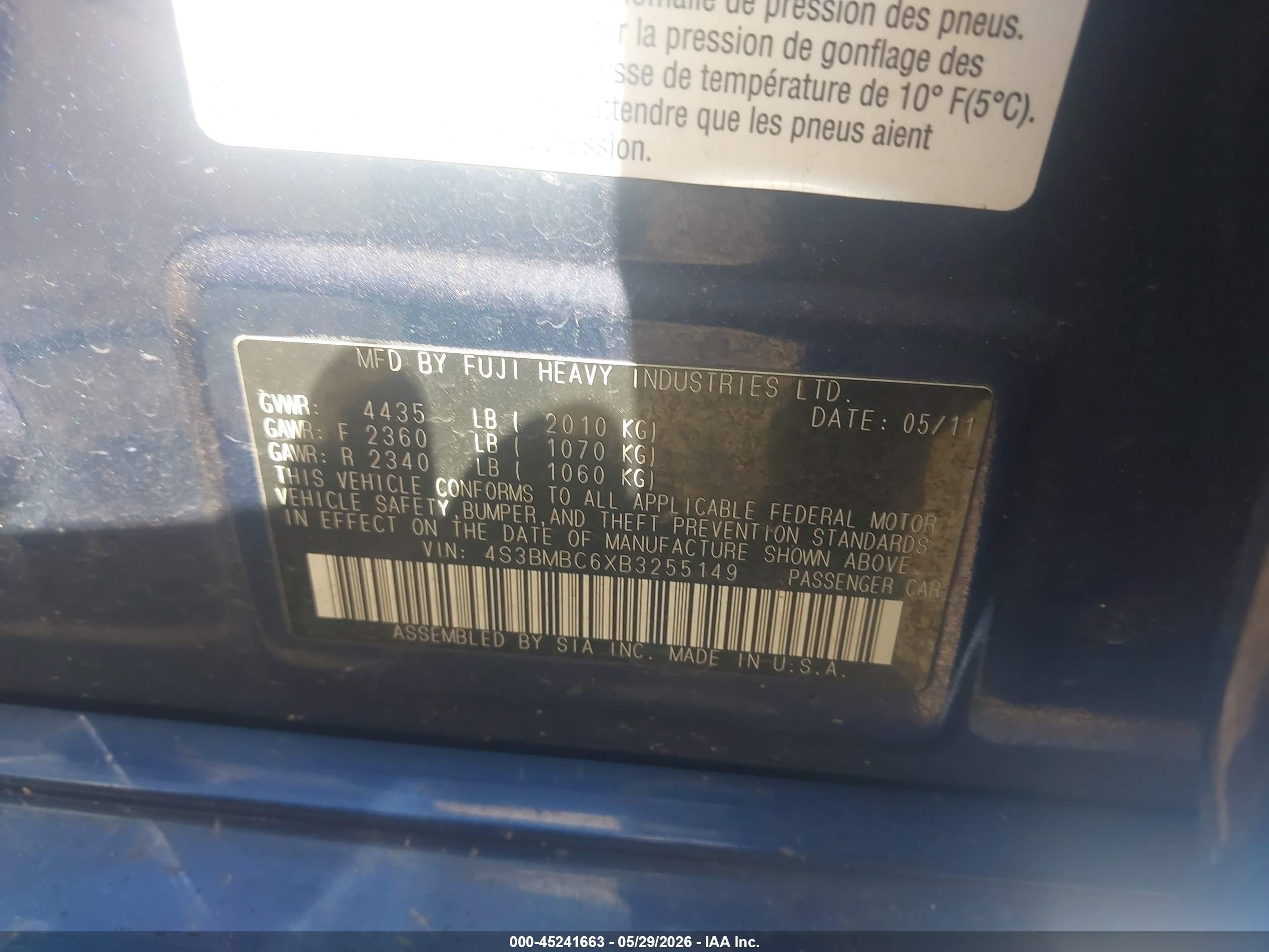 2011 Subaru Legacy 2.5i Premium Dark Blue vin: 4S3BMBC6XB3255149