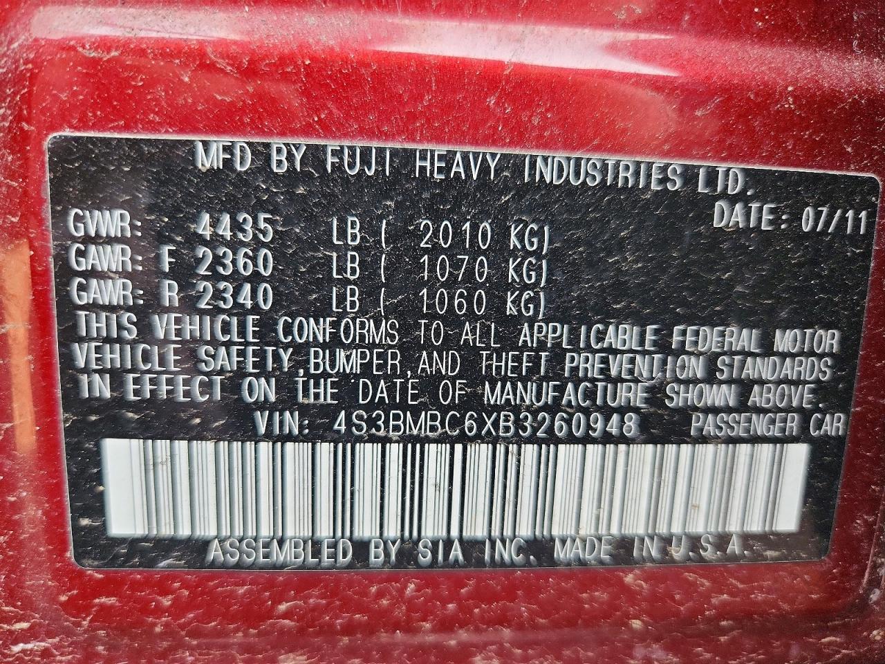 2011 Subaru Legacy 2.5i Premium Бордовый vin: 4S3BMBC6XB3260948