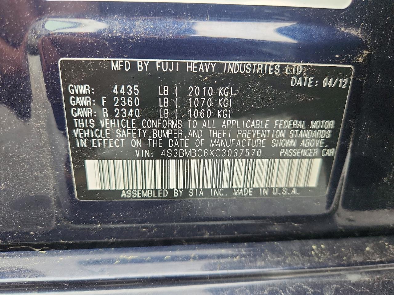 2012 Subaru Legacy 2.5i Premium Blue vin: 4S3BMBC6XC3037570