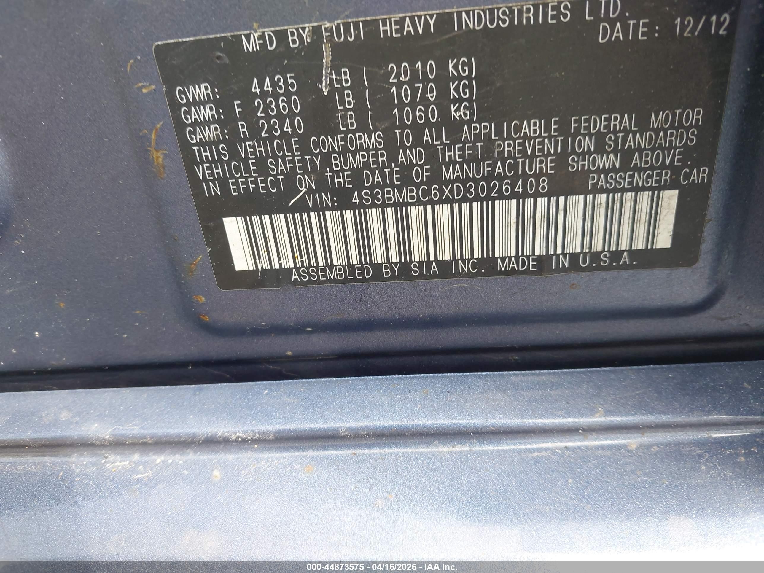 2013 Subaru Legacy 2.5i Premium Blue vin: 4S3BMBC6XD3026408