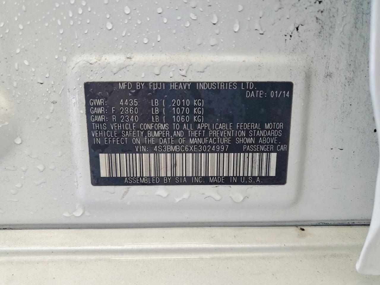 2014 Subaru Legacy 2.5i Premium White vin: 4S3BMBC6XE3024997