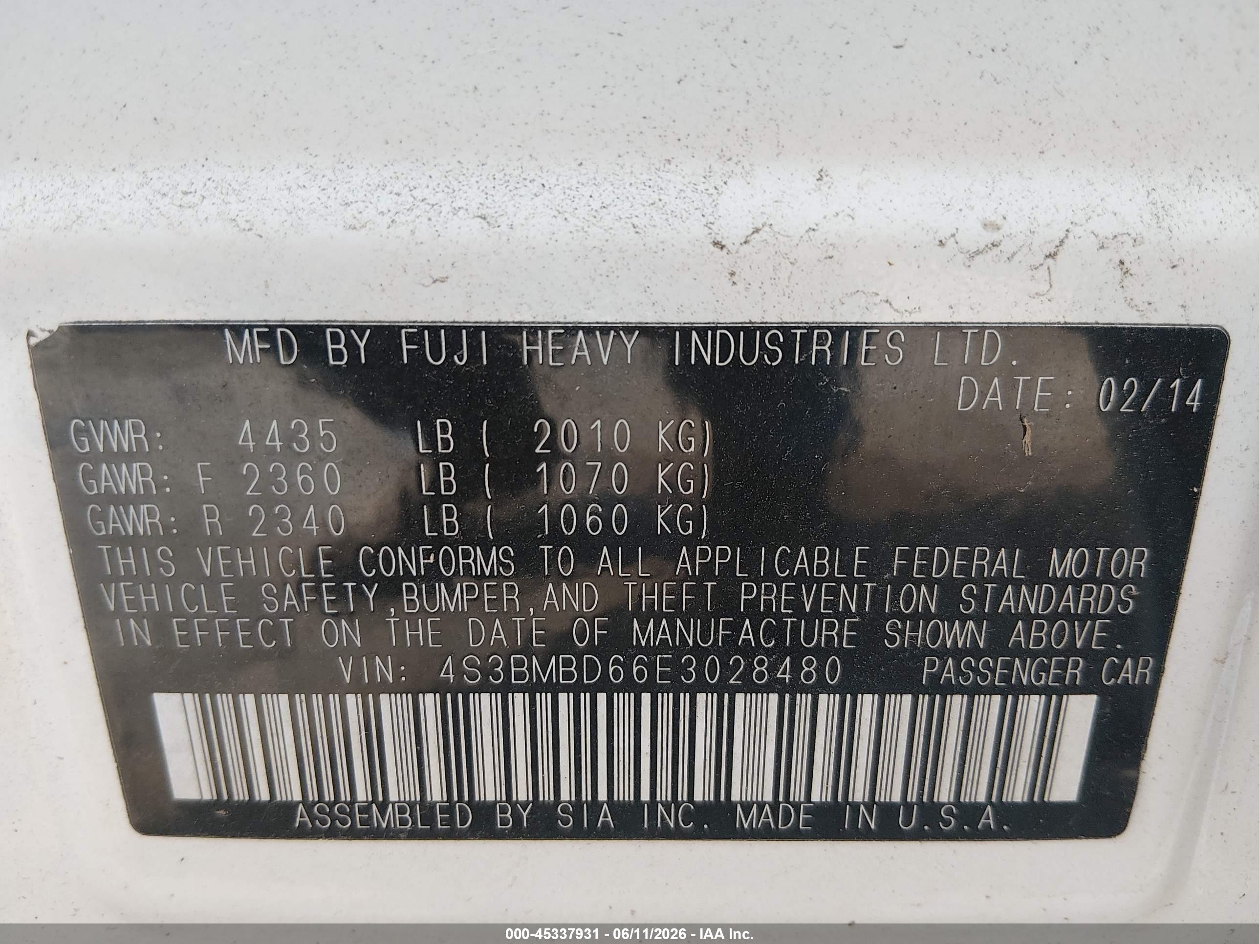2014 Subaru Legacy 2.5i Premium White vin: 4S3BMBD66E3028480