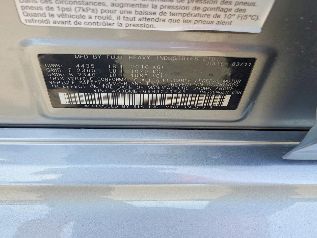 2011 Subaru Legacy 2.5i Premium Серый vin: 4S3BMBF69B3249645