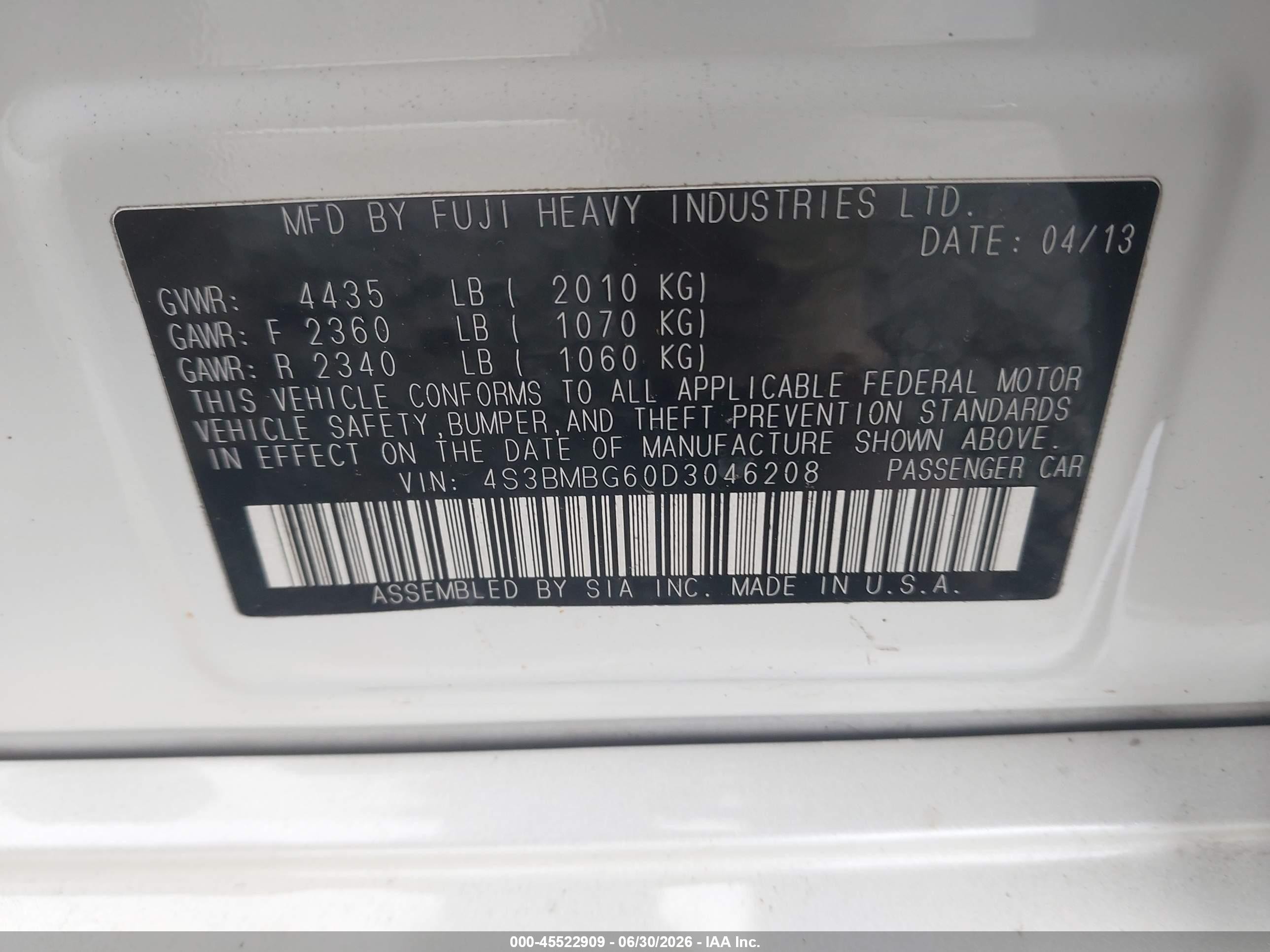 2013 Subaru Legacy 2.5i Premium White vin: 4S3BMBG60D3046208