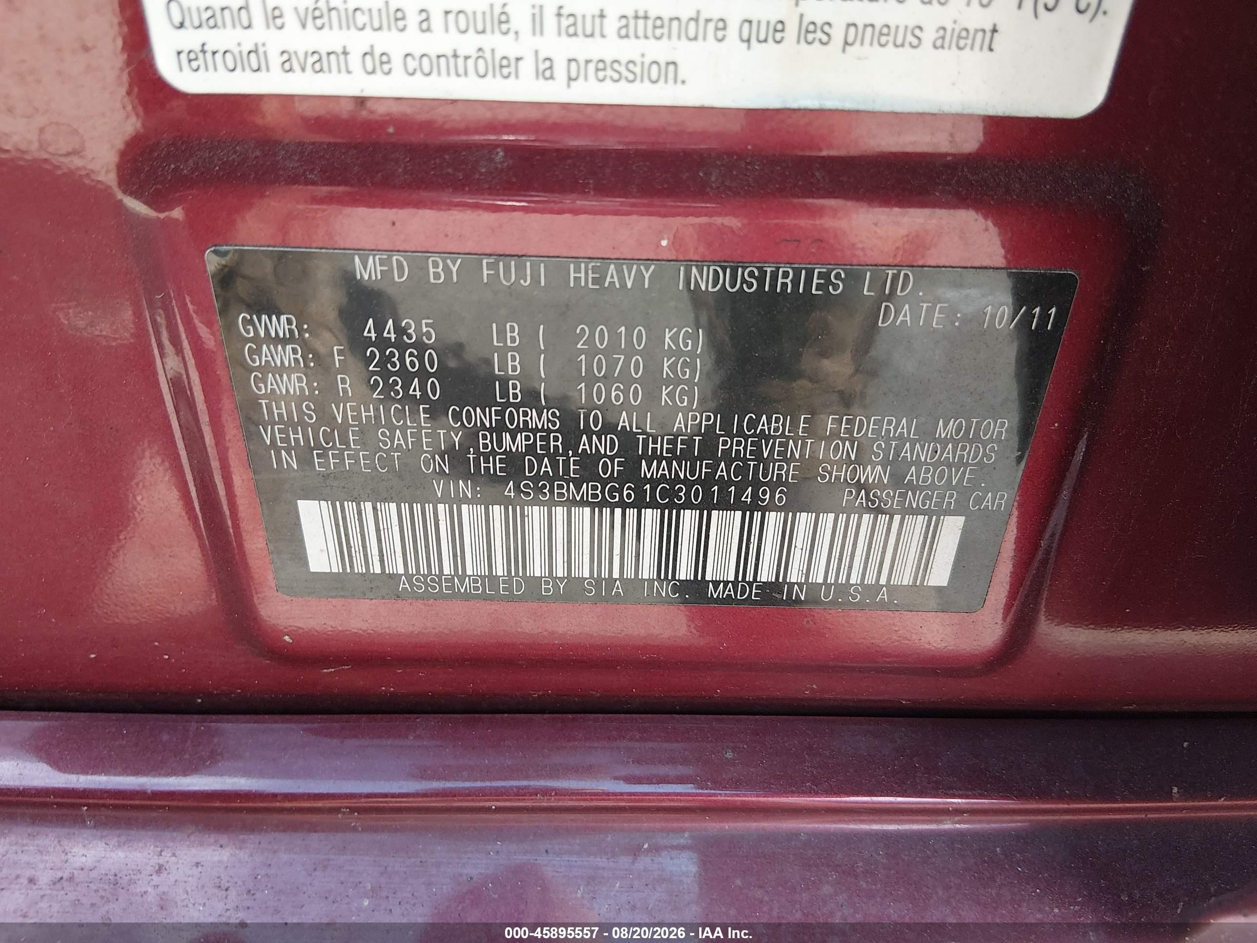 2012 Subaru Legacy 2.5i Premium Red vin: 4S3BMBG61C3011496