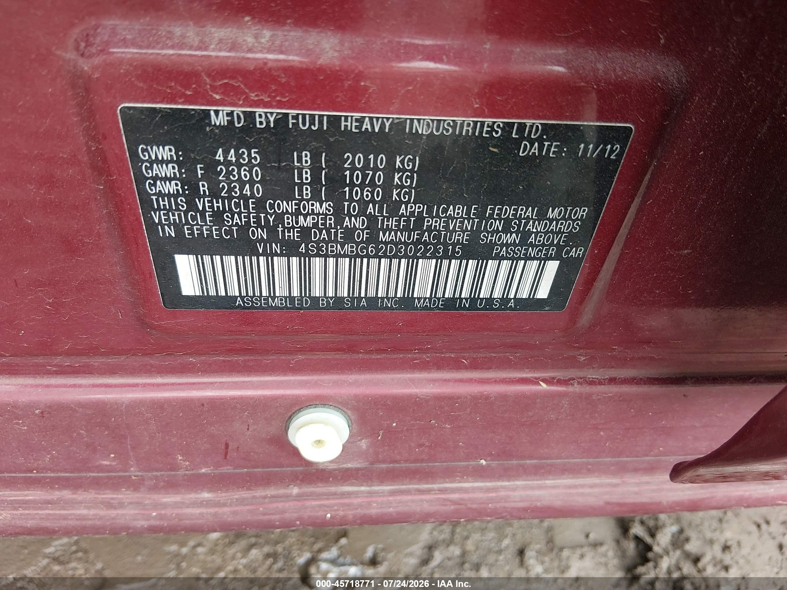2013 Subaru Legacy 2.5i Premium Red vin: 4S3BMBG62D3022315