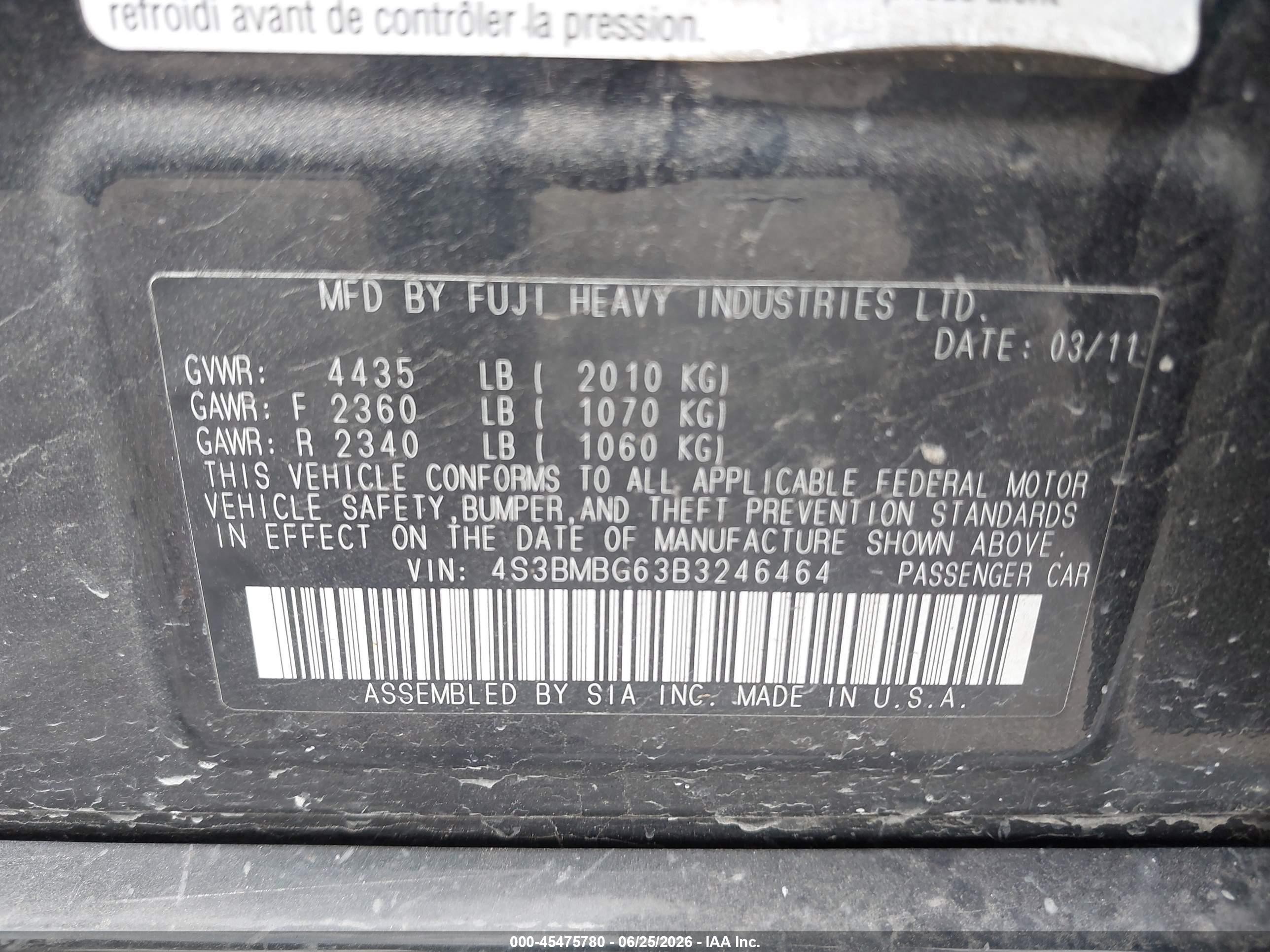 2011 Subaru Legacy 2.5i Premium Black vin: 4S3BMBG63B3246464