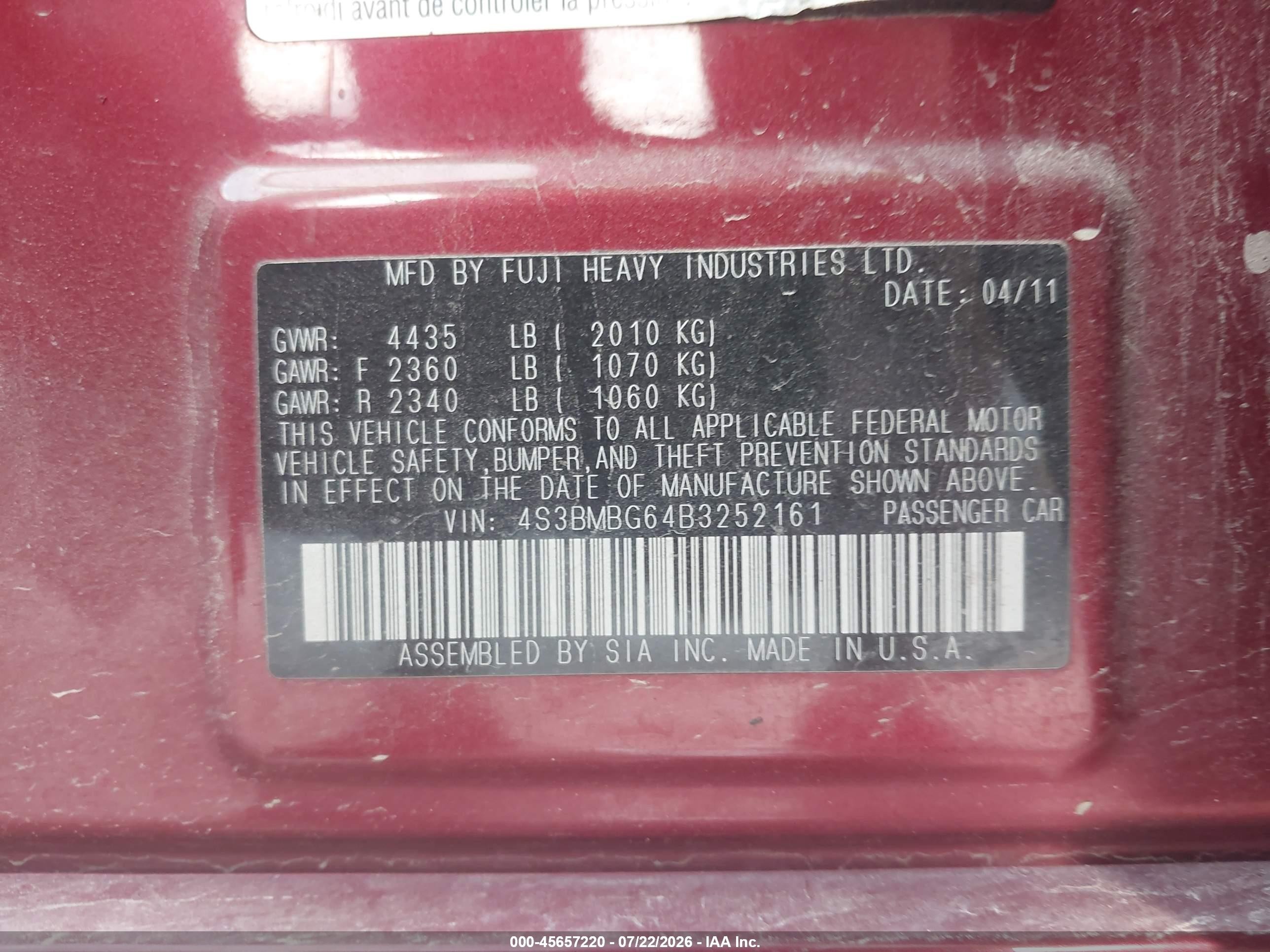 2011 Subaru Legacy 2.5i Premium Red vin: 4S3BMBG64B3252161