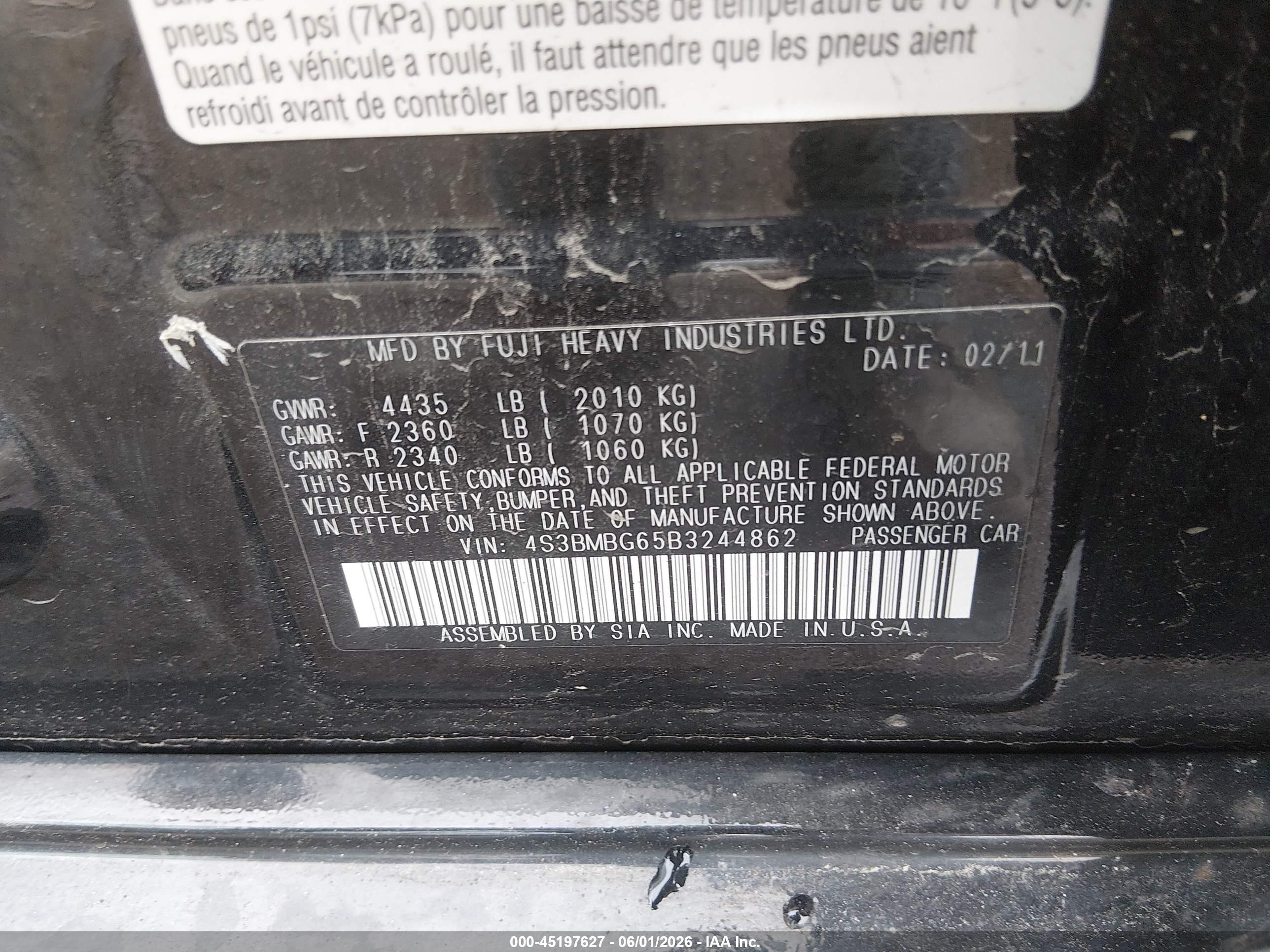 2011 Subaru Legacy 2.5i Premium Black vin: 4S3BMBG65B3244862