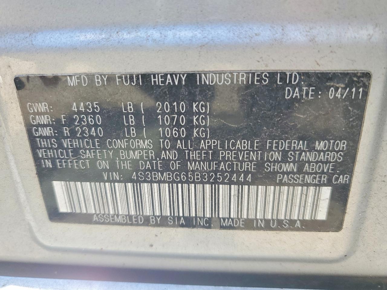 2011 Subaru Legacy 2.5i Premium Серебряный vin: 4S3BMBG65B3252444