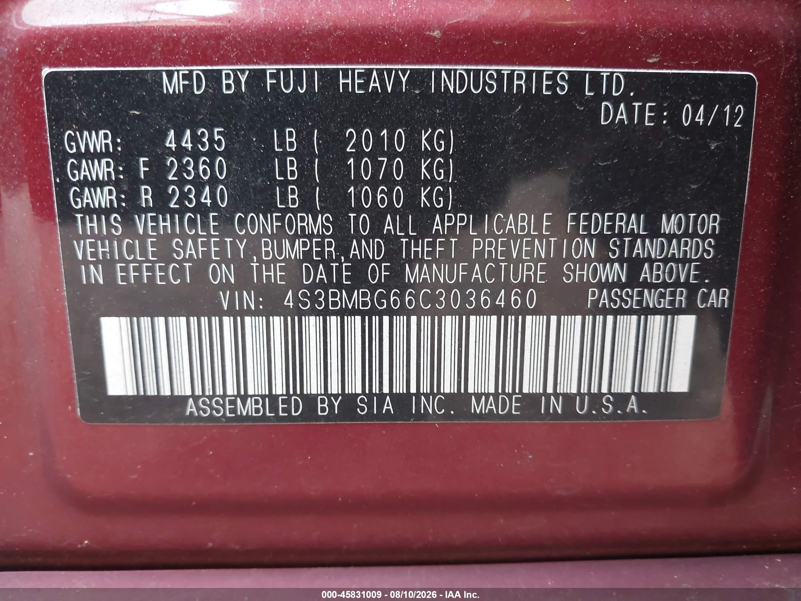 2012 Subaru Legacy 2.5i Premium Red vin: 4S3BMBG66C3036460