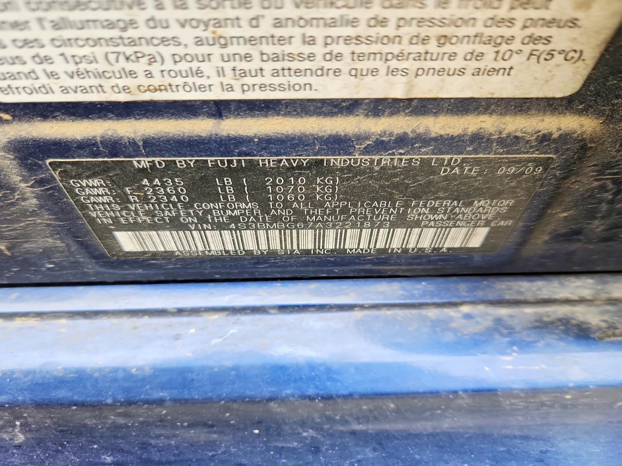 2010 Subaru Legacy 2.5i Premium Blue vin: 4S3BMBG67A3221873