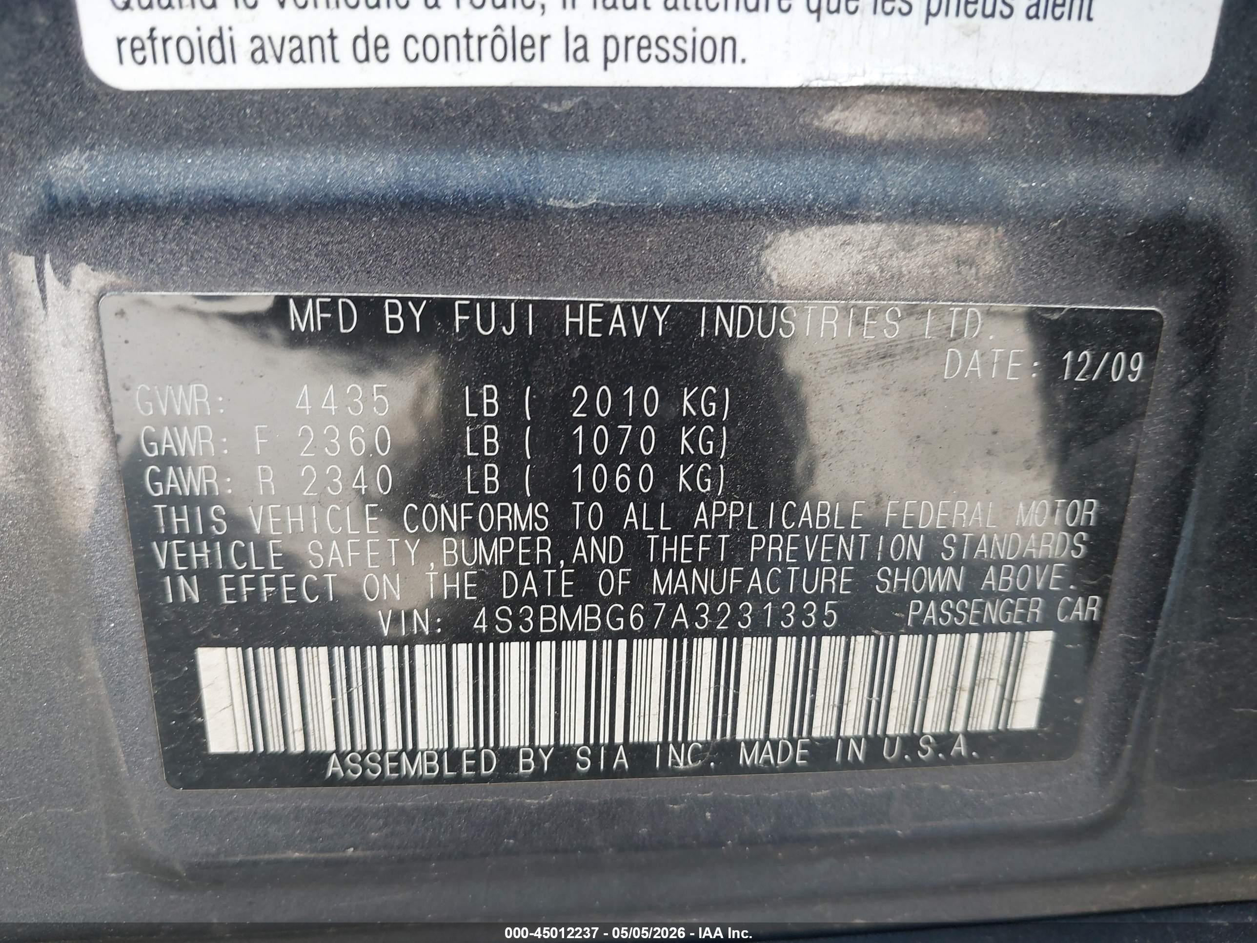 2010 Subaru Legacy 2.5i Premium Blue vin: 4S3BMBG67A3231335