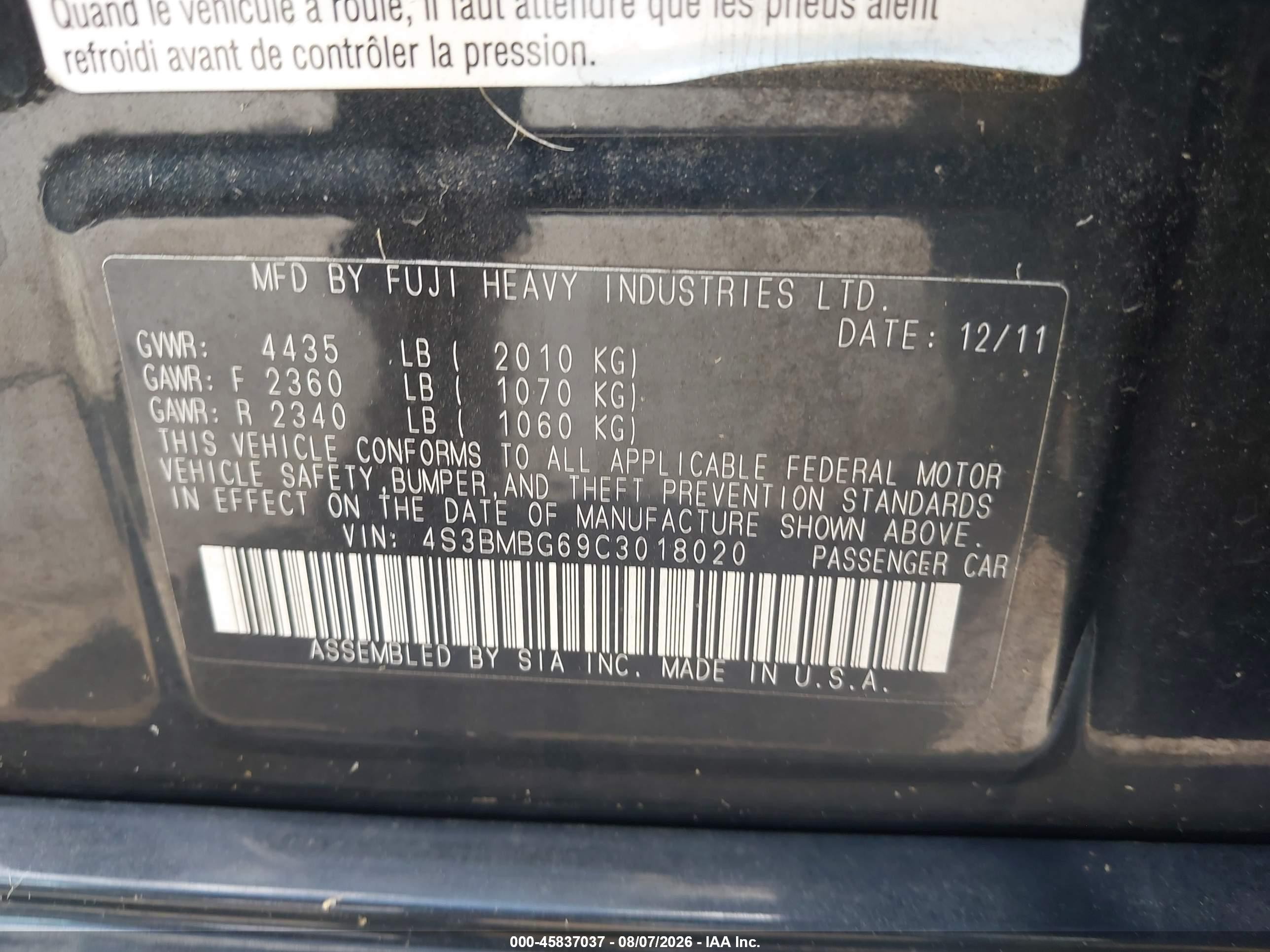 2012 Subaru Legacy 2.5i Premium Black vin: 4S3BMBG69C3018020