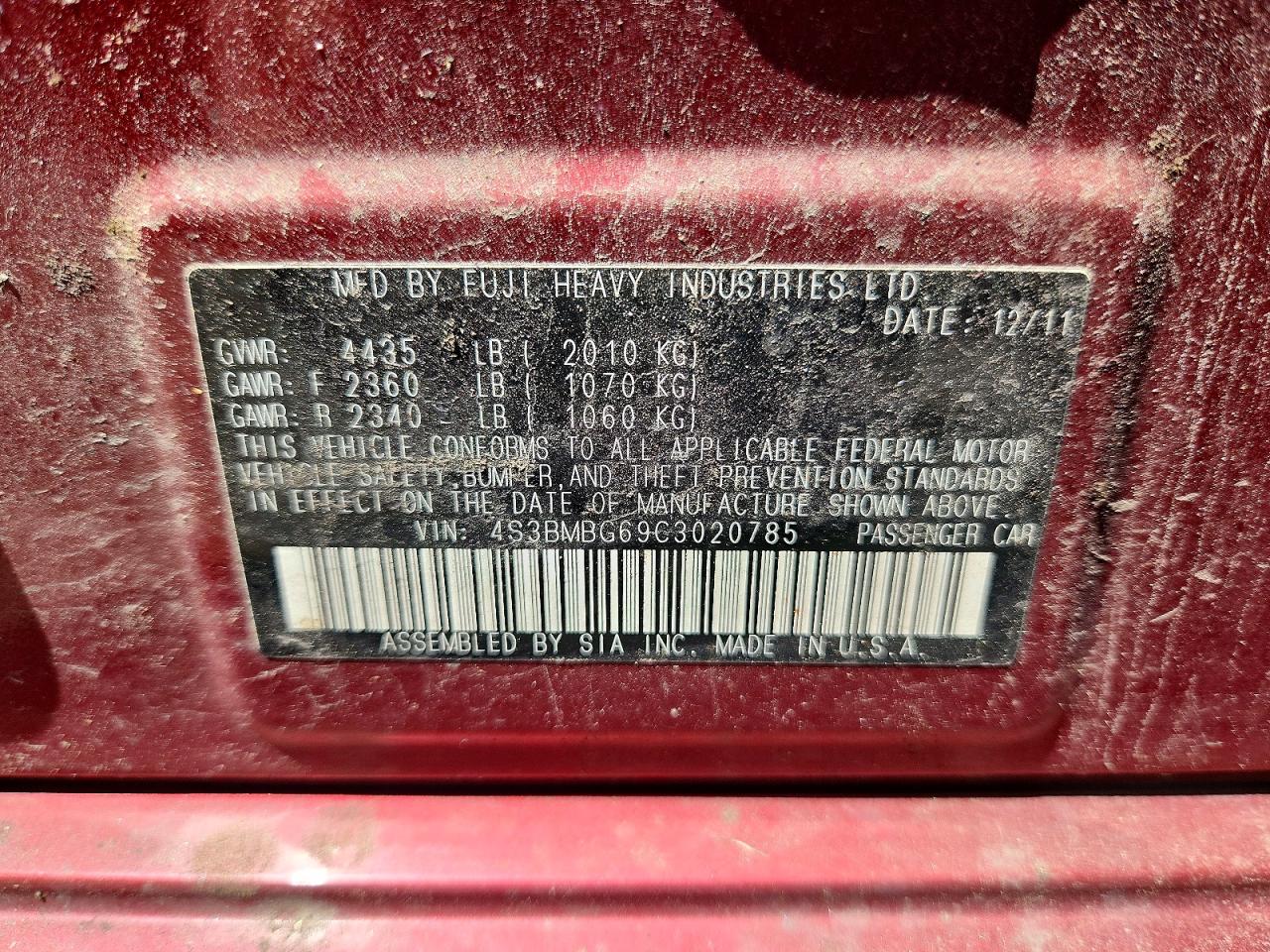 2012 Subaru Legacy 2.5i Premium Red vin: 4S3BMBG69C3020785