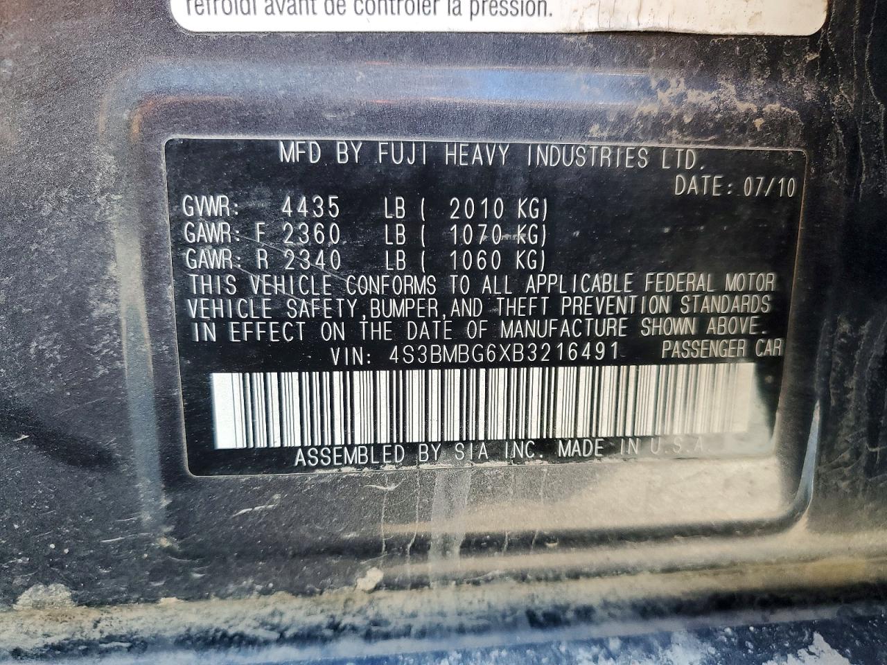 2011 Subaru Legacy 2.5i Premium Charcoal vin: 4S3BMBG6XB3216491