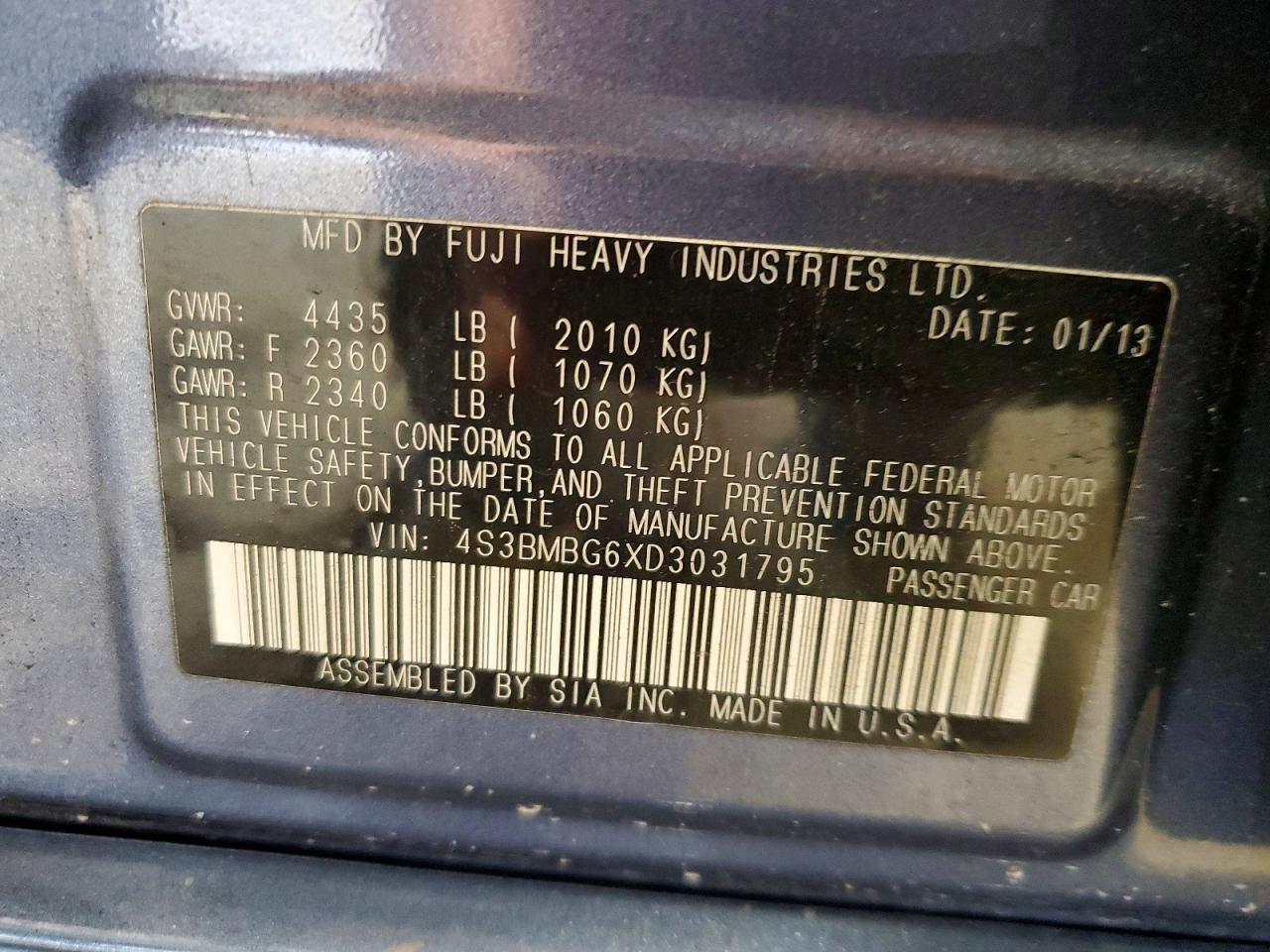 2013 Subaru Legacy 2.5i Premium Blue vin: 4S3BMBG6XD3031795