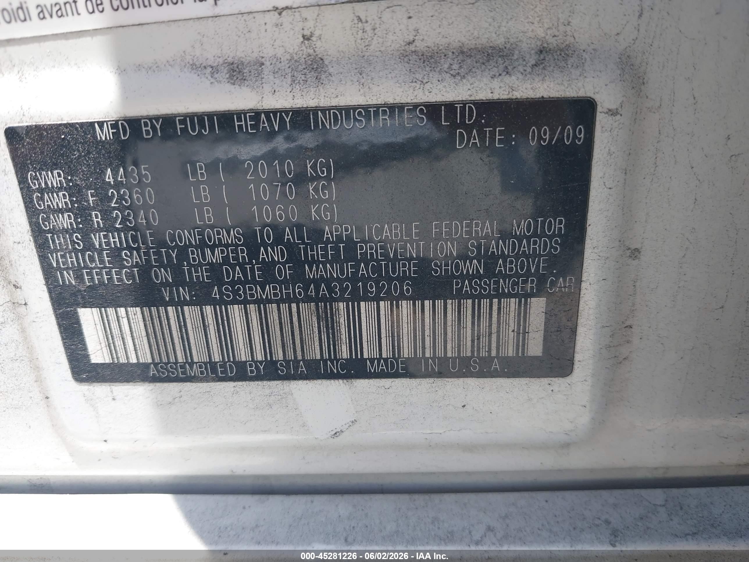 2010 Subaru Legacy 2.5i Premium White vin: 4S3BMBH64A3219206