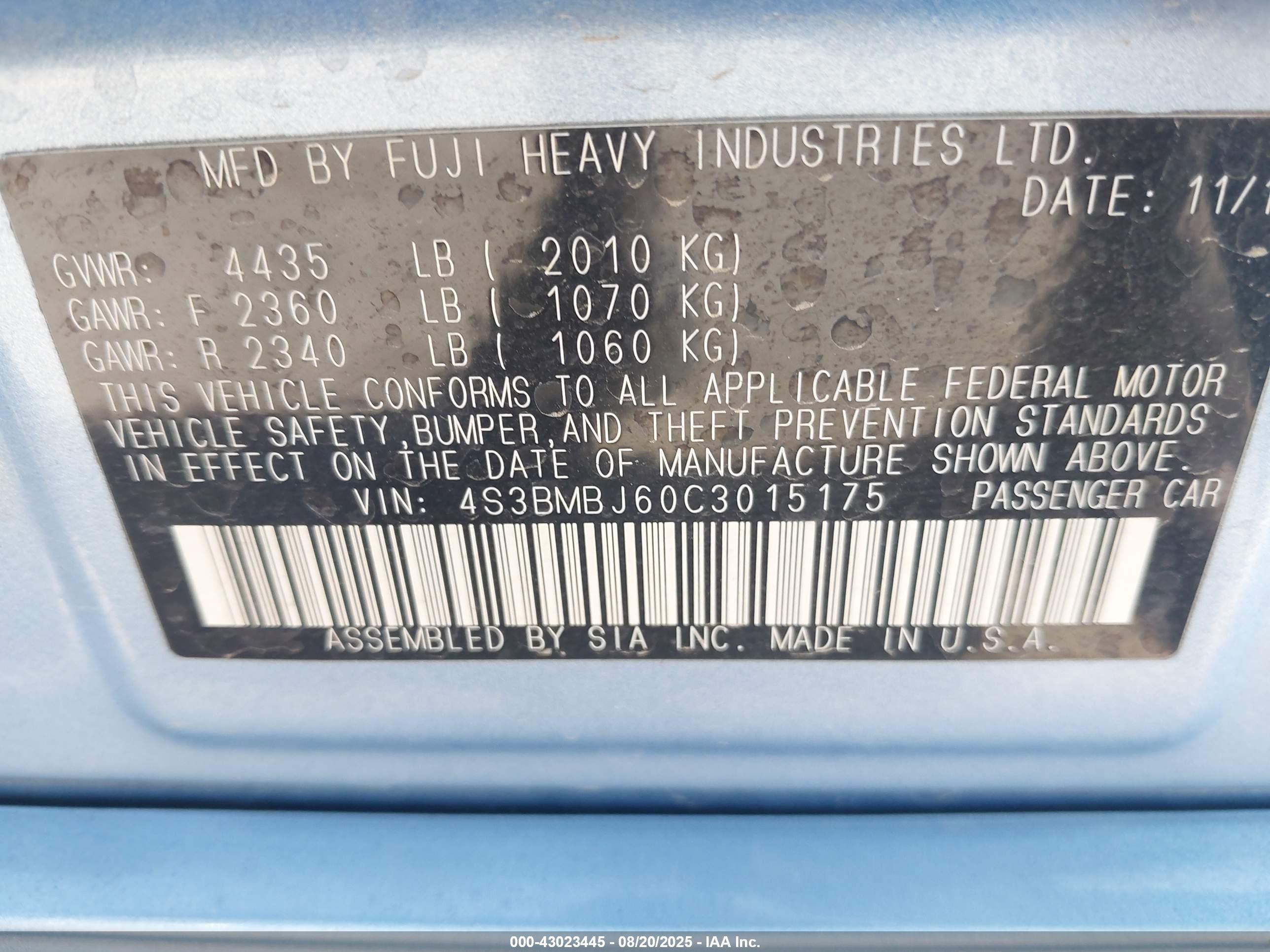 2012 Subaru Legacy 2.5i Limited Light Blue vin: 4S3BMBJ60C3015175