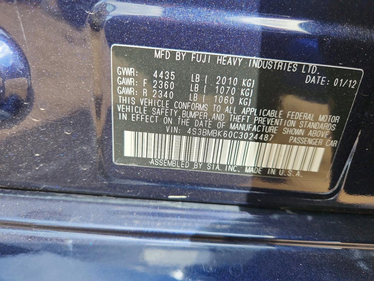 2012 Subaru Legacy 2.5i Limited Blue vin: 4S3BMBK60C3024487