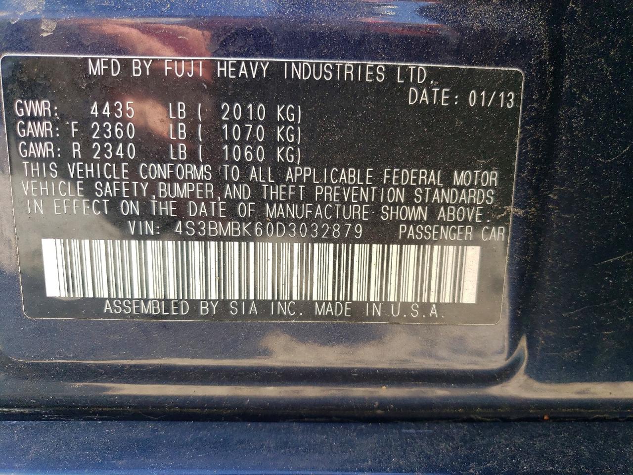 2013 Subaru Legacy 2.5i Limited Blue vin: 4S3BMBK60D3032879