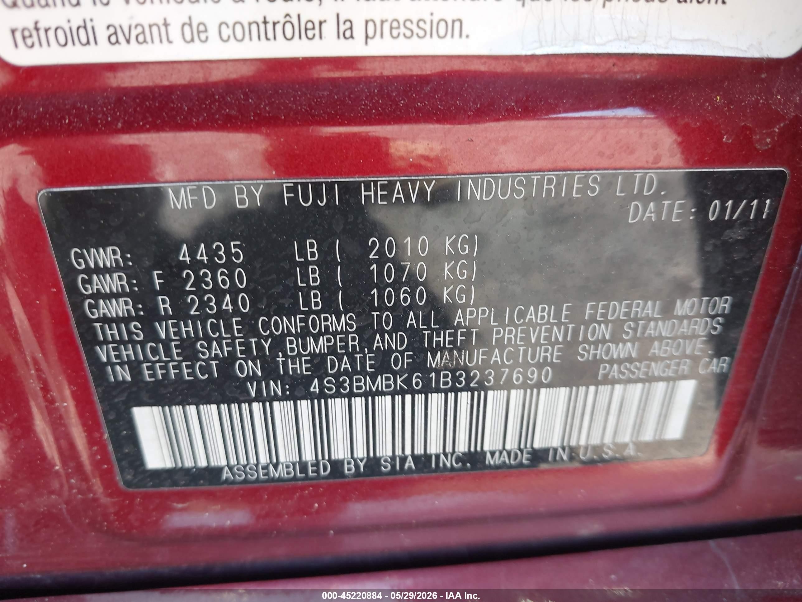 2011 Subaru Legacy 2.5i Limited Red vin: 4S3BMBK61B3237690