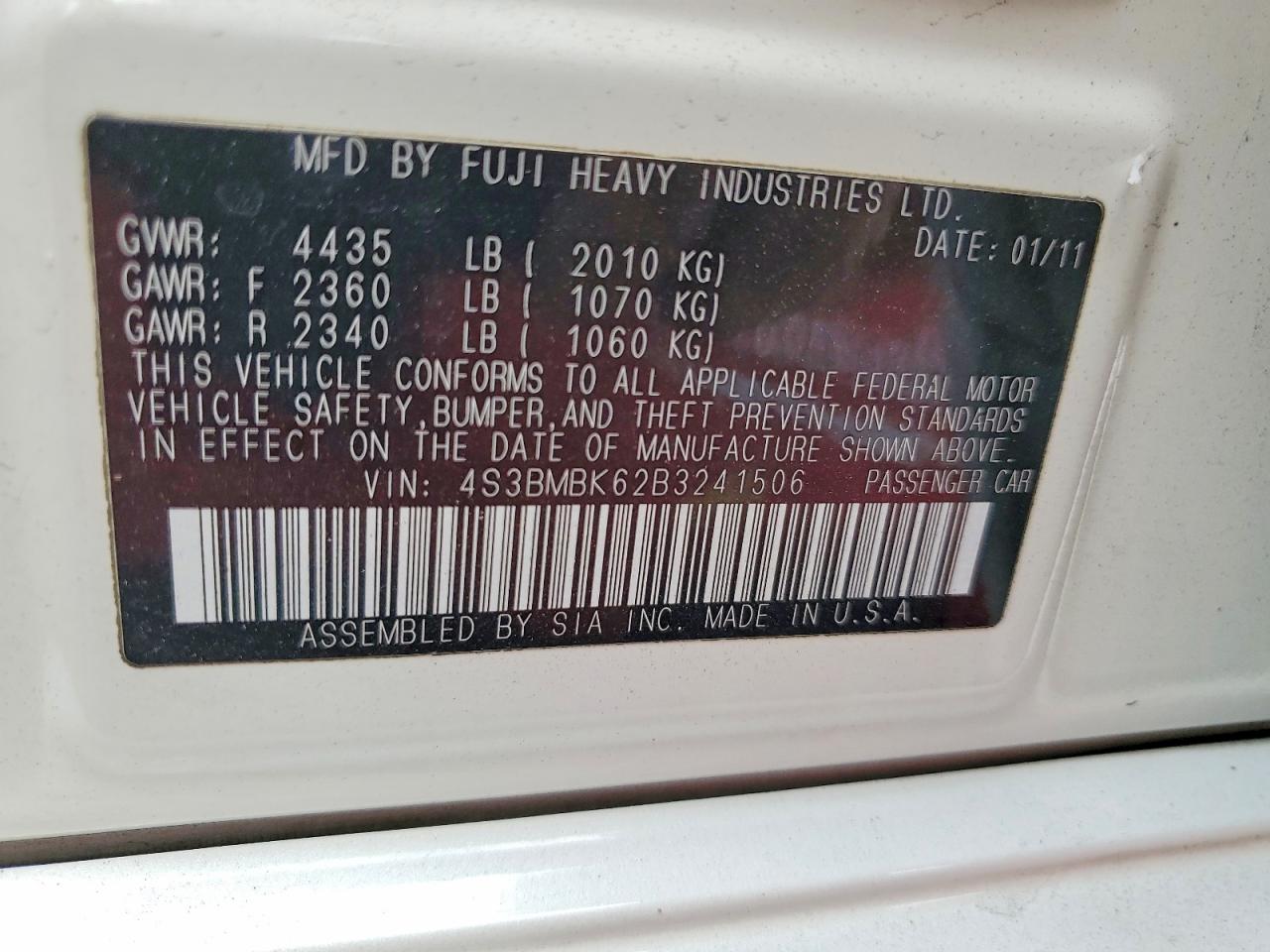 2011 Subaru Legacy 2.5i Limited White vin: 4S3BMBK62B3241506