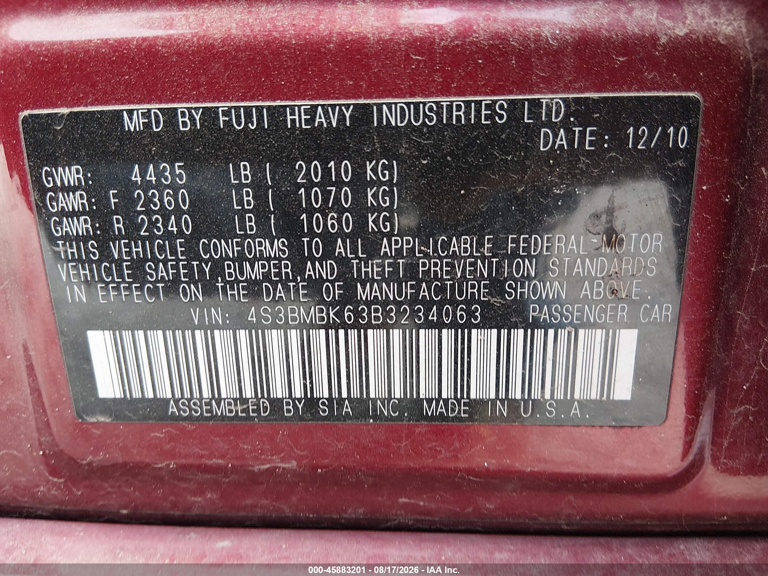 2011 Subaru Legacy 2.5i Limited Red vin: 4S3BMBK63B3234063