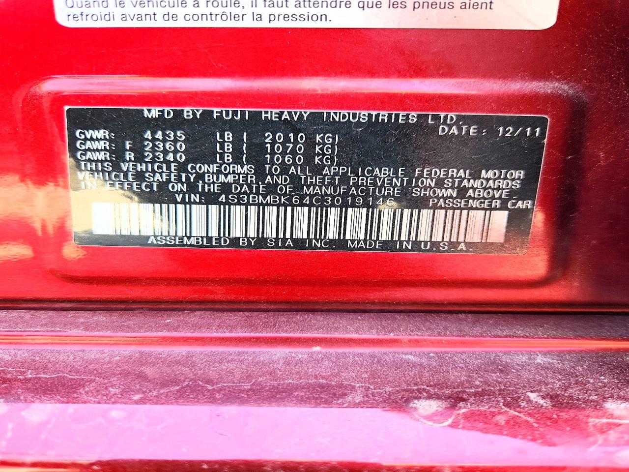 2012 Subaru Legacy 2.5i Limited Red vin: 4S3BMBK64C3019146