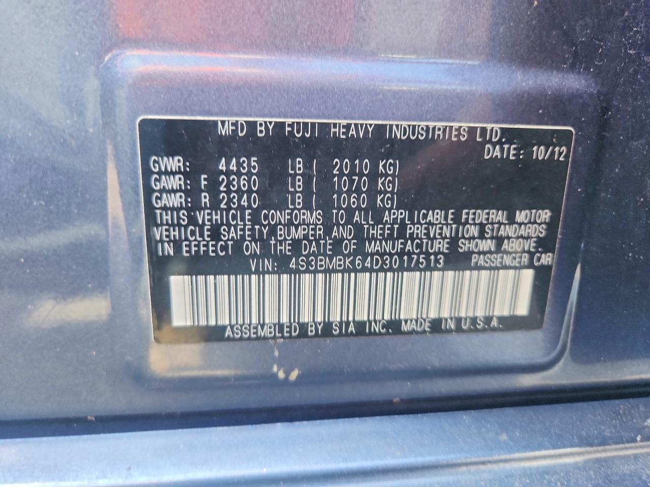 2013 Subaru Legacy 2.5i Limited Blue vin: 4S3BMBK64D3017513
