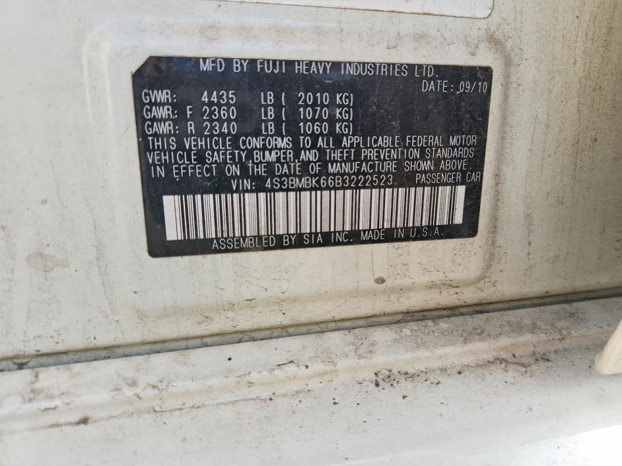 2011 Subaru Legacy 2.5i Limited Белый vin: 4S3BMBK66B3222523