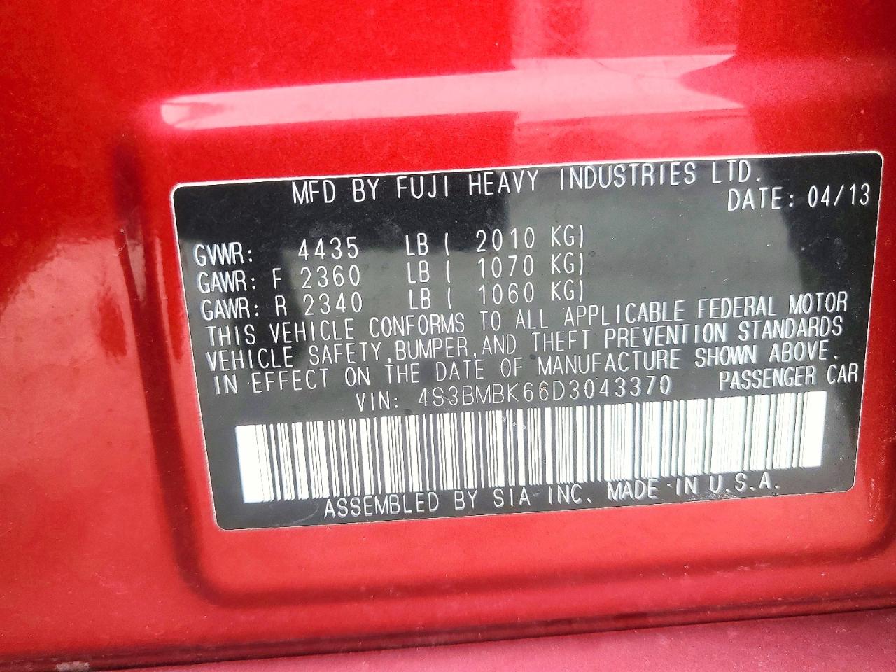 2013 Subaru Legacy 2.5i Limited Red vin: 4S3BMBK66D3043370