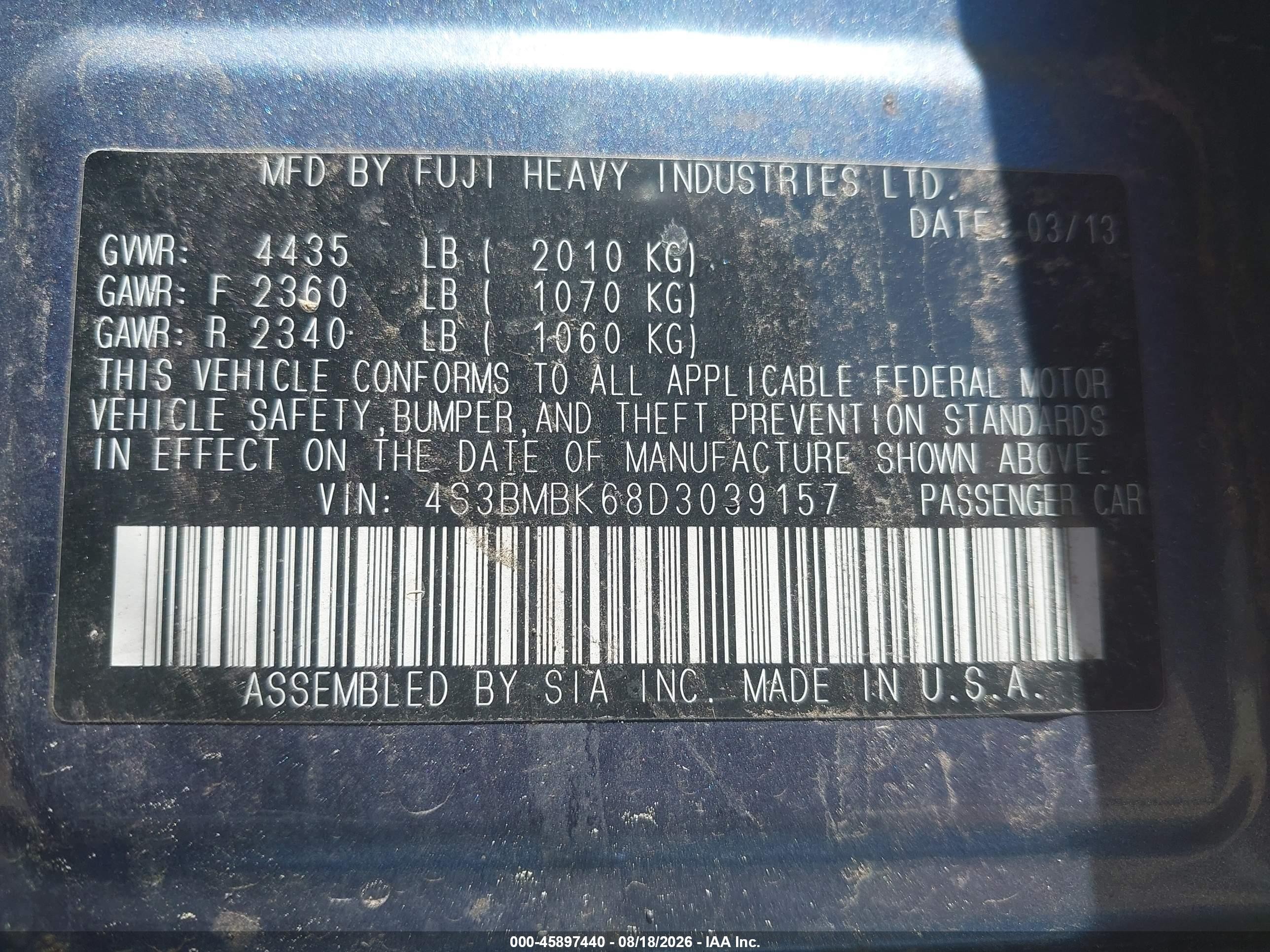2013 Subaru Legacy 2.5i Limited Blue vin: 4S3BMBK68D3039157