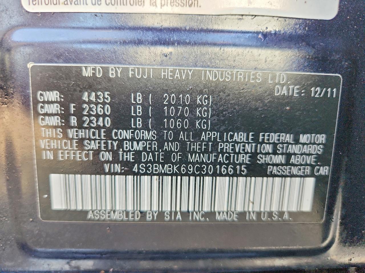 2012 Subaru Legacy 2.5i Limited Blue vin: 4S3BMBK69C3016615