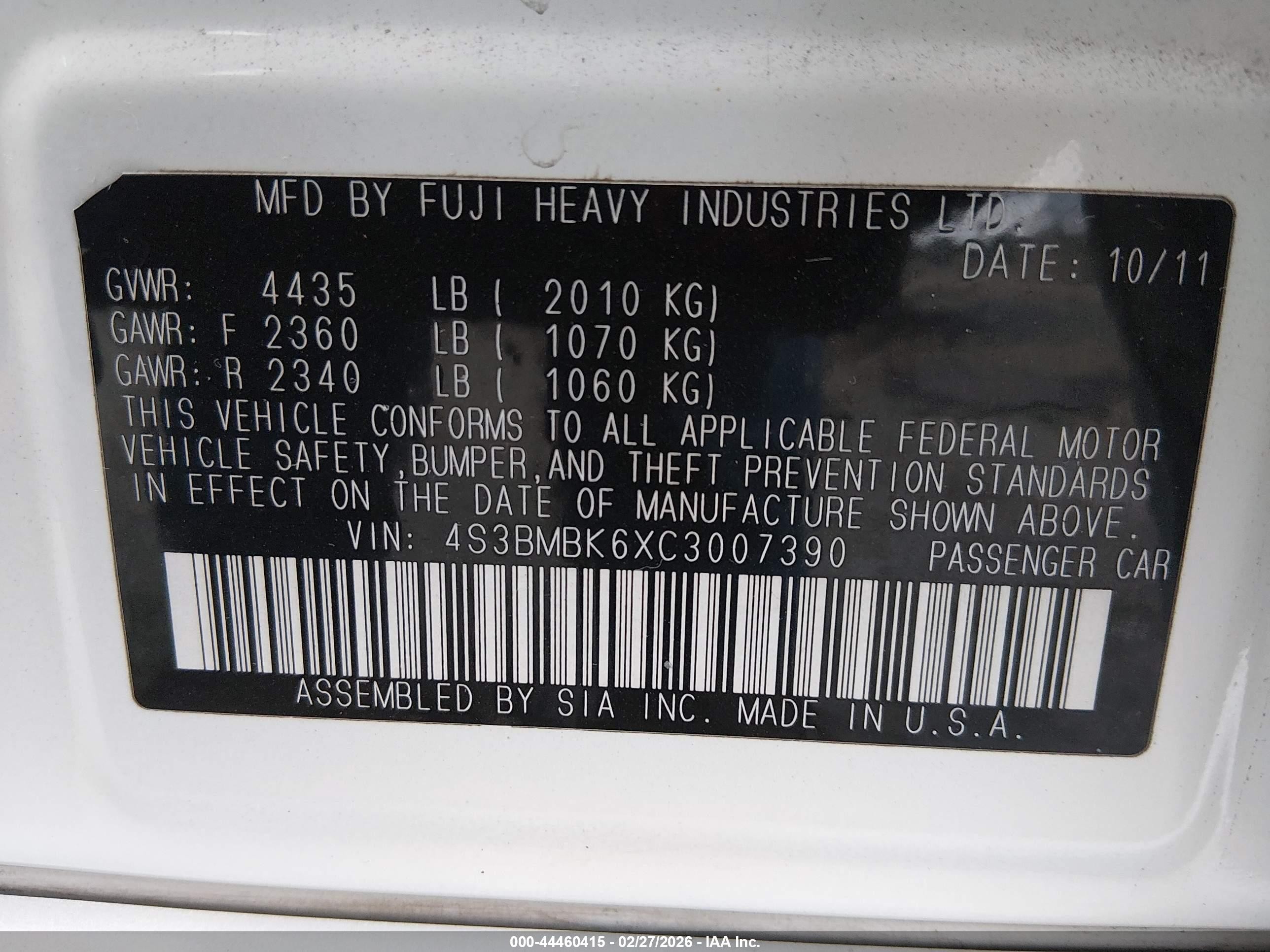 2012 Subaru Legacy 2.5i Limited White vin: 4S3BMBK6XC3007390