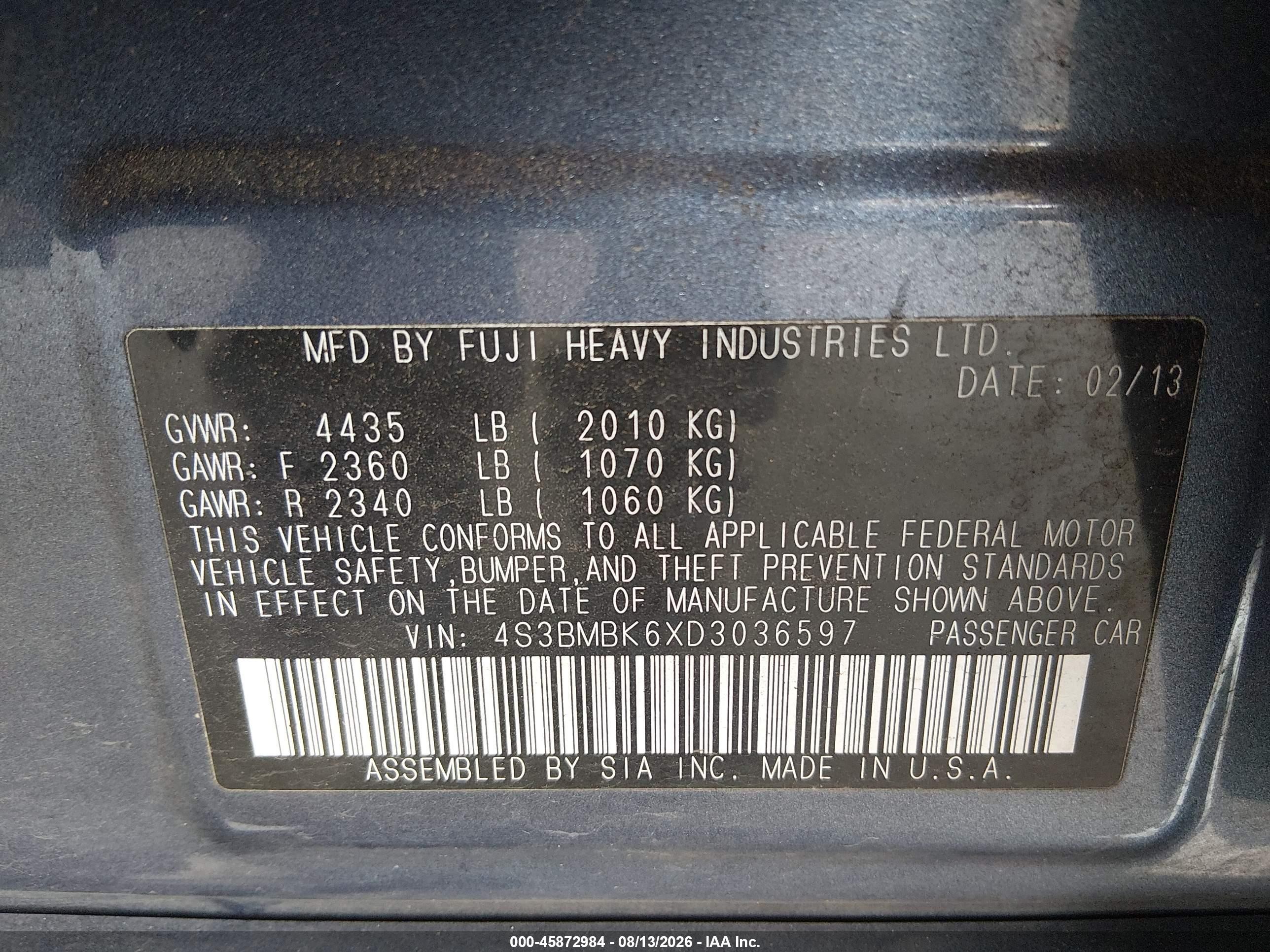 2013 Subaru Legacy 2.5i Limited Синий vin: 4S3BMBK6XD3036597