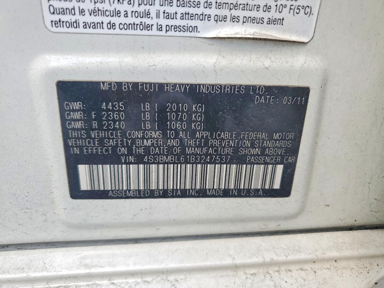 2011 Suba Legacy White vin: 4S3BMBL61B3247537