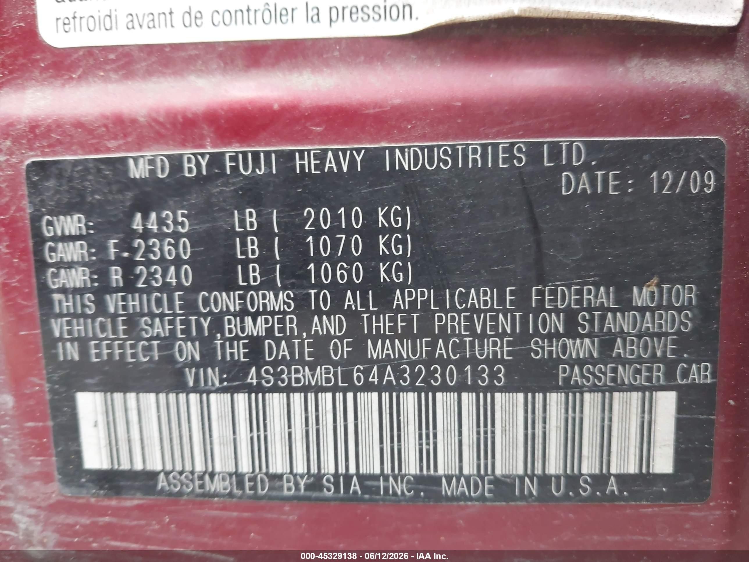 2010 Subaru Legacy 2.5i Limited Red vin: 4S3BMBL64A3230133