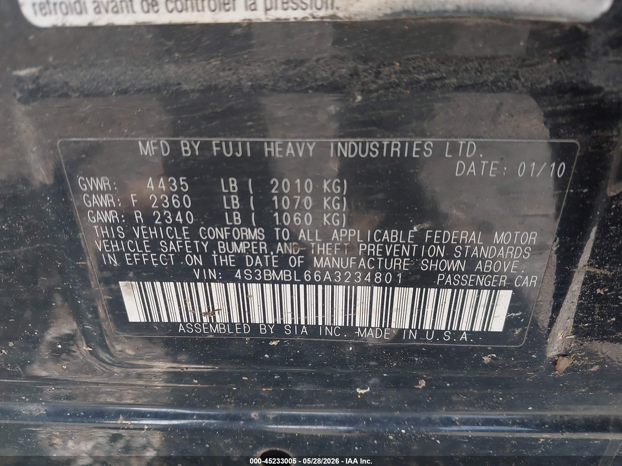 2010 Subaru Legacy 2.5i Limited Black vin: 4S3BMBL66A3234801