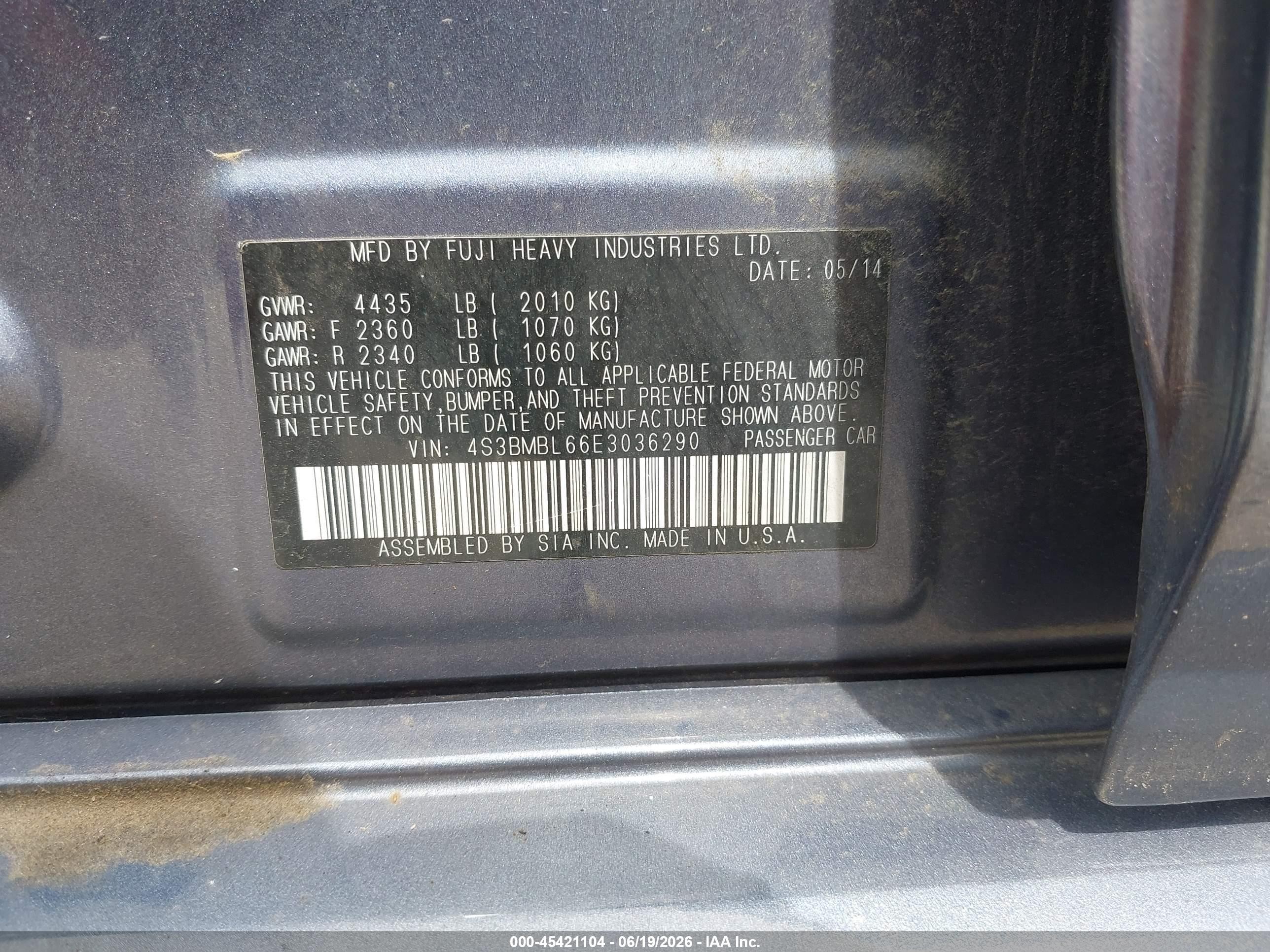 2014 Subaru Legacy 2.5i Limited Blue vin: 4S3BMBL66E3036290
