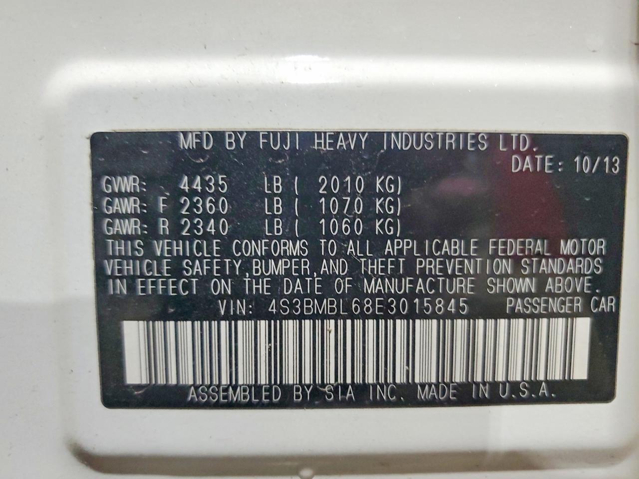 2014 Subaru Legacy 2.5i Limited White vin: 4S3BMBL68E3015845