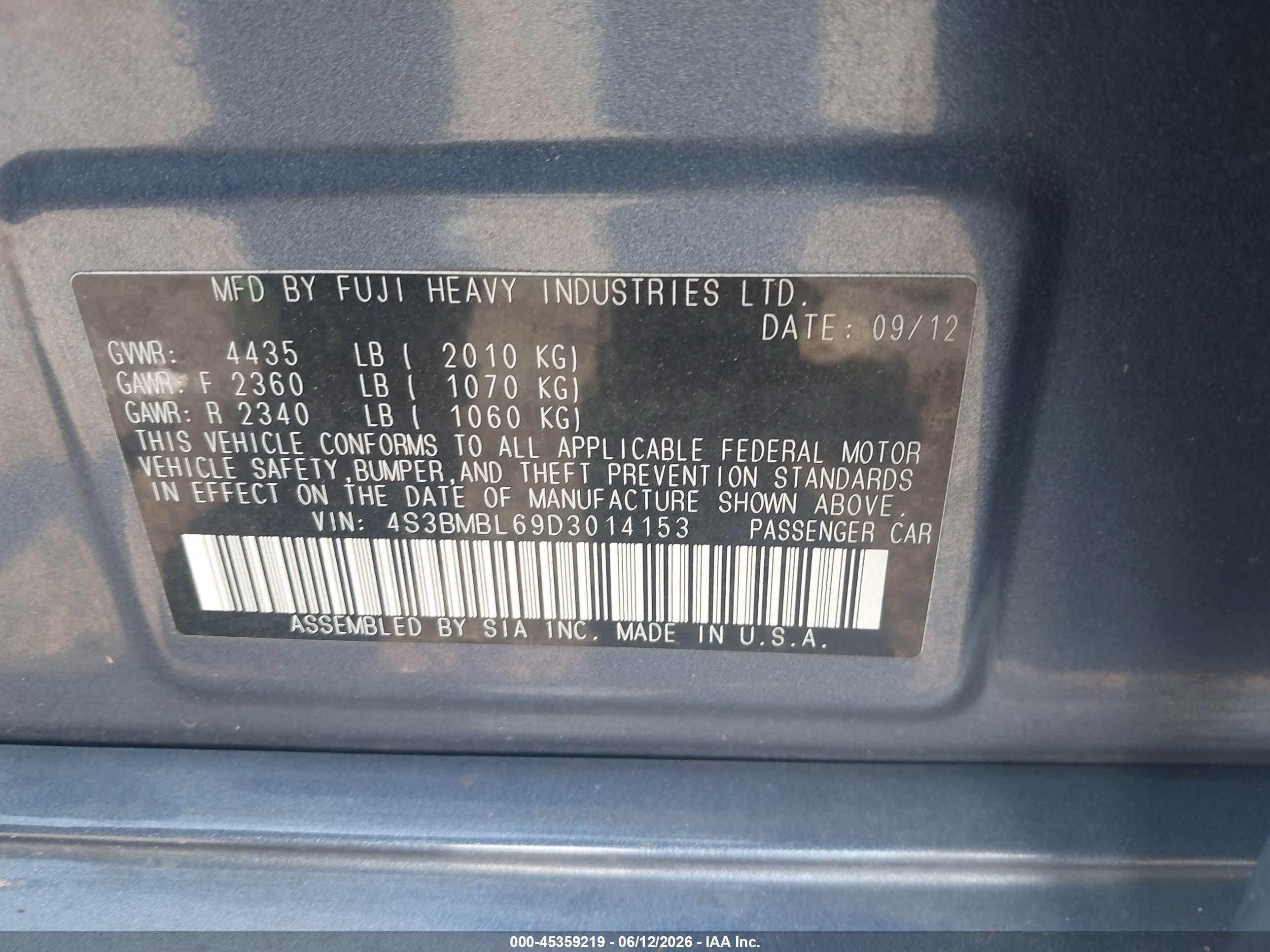 2013 Subaru Legacy 2.5i Limited Blue vin: 4S3BMBL69D3014153
