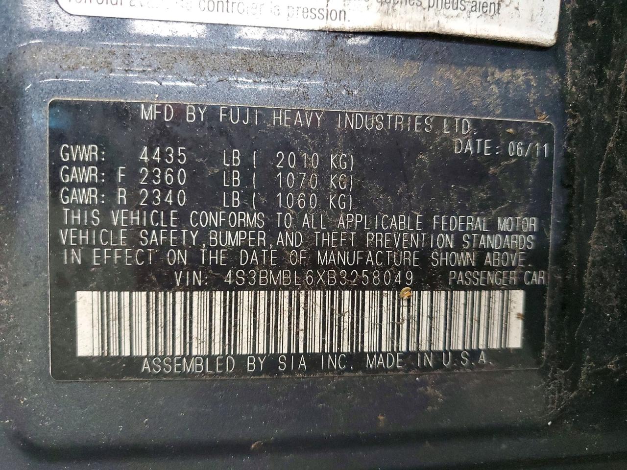 2011 Subaru Legacy 2.5i Limited Charcoal vin: 4S3BMBL6XB3258049