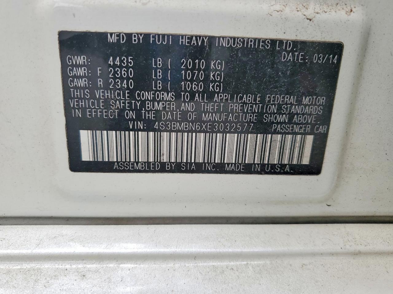 2014 Subaru Legacy 2.5i Limited Белый vin: 4S3BMBN6XE3032577