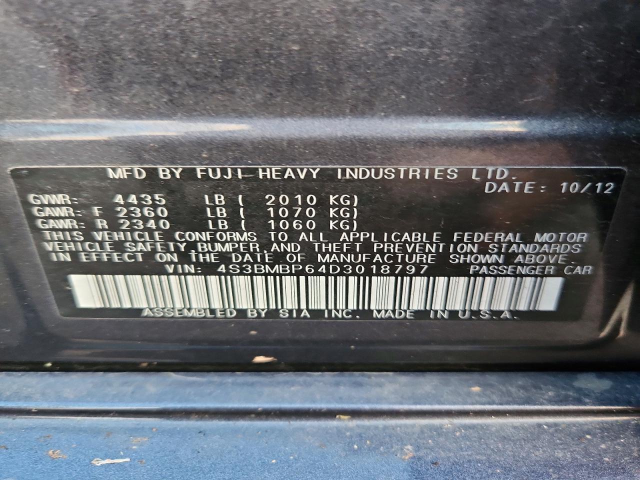 2013 Subaru Legacy 2.5i Limited Charcoal vin: 4S3BMBP64D3018797