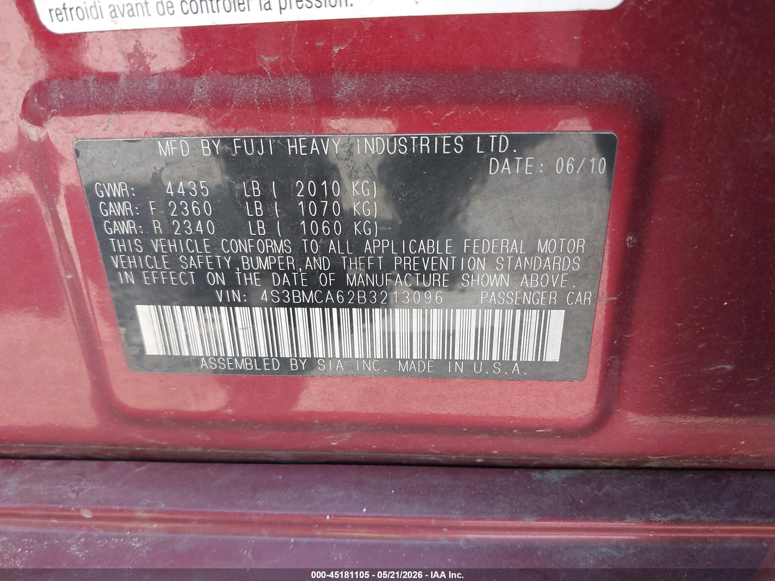 2011 Subaru Legacy 2.5i Red vin: 4S3BMCA62B3213096
